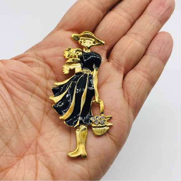 Vintage Gold Tone Fashionista Lady Woman with Dog Rhinestone pin brooch - Picture 2 of 6